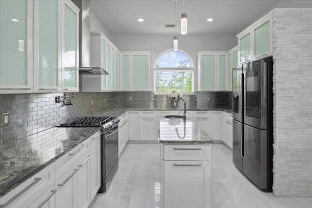 9835 SW 80th Pl, Hampton, FL 32044 - kitchen with stainless steel fridge with ice dispenser, wall chimney range hood, double oven range, a sink, and decorative backsplash