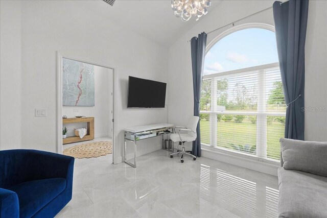 9835 SW 80th Pl, Hampton, FL 32044 - home office with marble finish floor, a notable chandelier, and lofted ceiling