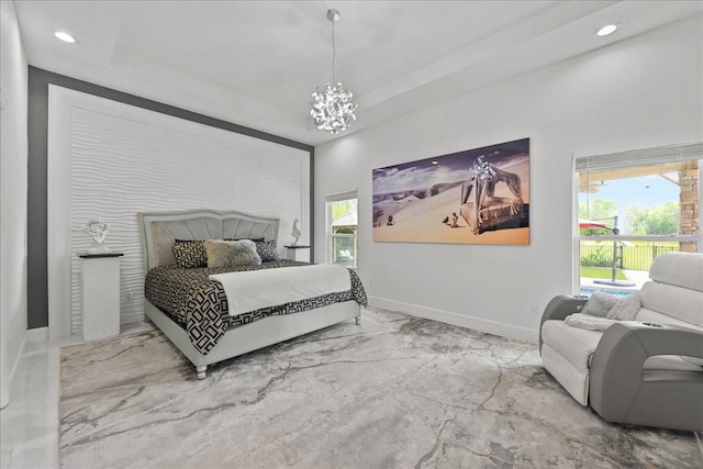 9835 SW 80th Pl, Hampton, FL 32044 - bedroom featuring baseboards, recessed lighting, marble finish floor, and an inviting chandelier