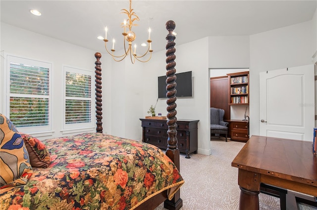 bedroom featuring a chandelier, recessed lighting, and light carpet