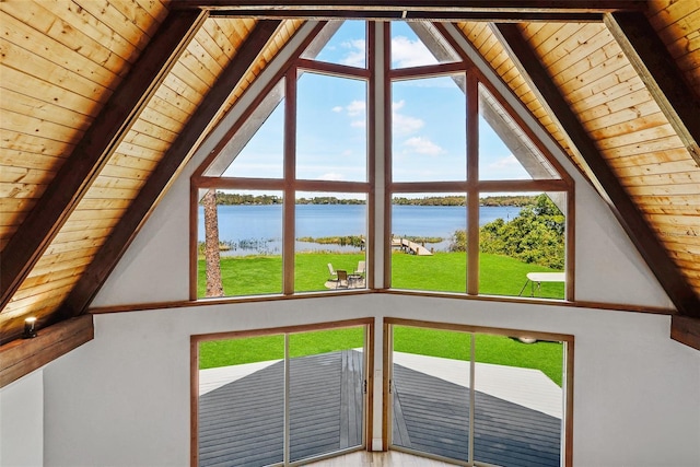 details featuring a water view, beam ceiling, and wood ceiling