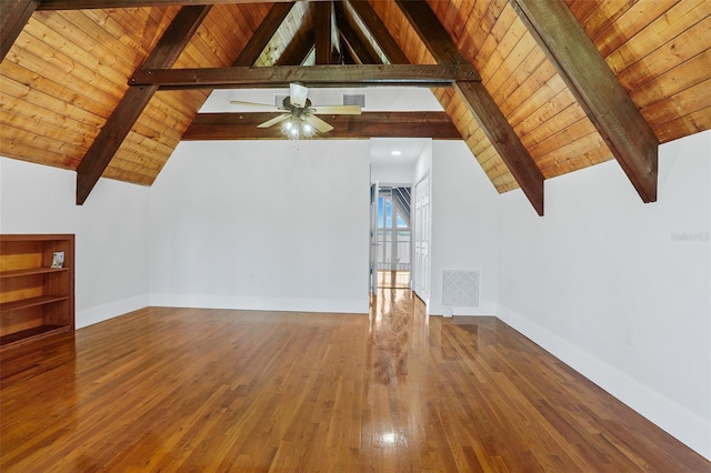additional living space featuring hardwood / wood-style flooring, wooden ceiling, vaulted ceiling with beams, and visible vents