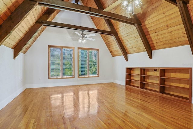 bonus room with vaulted ceiling with beams, a ceiling fan, wooden ceiling, and wood finished floors