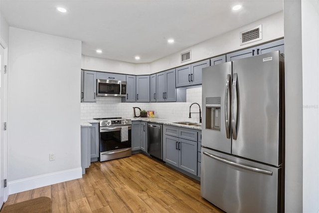 kitchen with light wood finished floors, stainless steel appliances, a sink, visible vents, and gray cabinetry