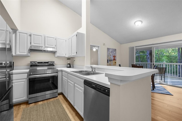 10000 SW 52nd Ave Unit 77, Gainesville, FL 32608 - kitchen with a sink, a peninsula, under cabinet range hood, stainless steel appliances, and high vaulted ceiling