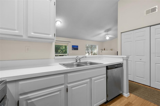 10000 SW 52nd Ave Unit 77, Gainesville, FL 32608 - kitchen featuring visible vents, dishwasher, a sink, ceiling fan, and light countertops