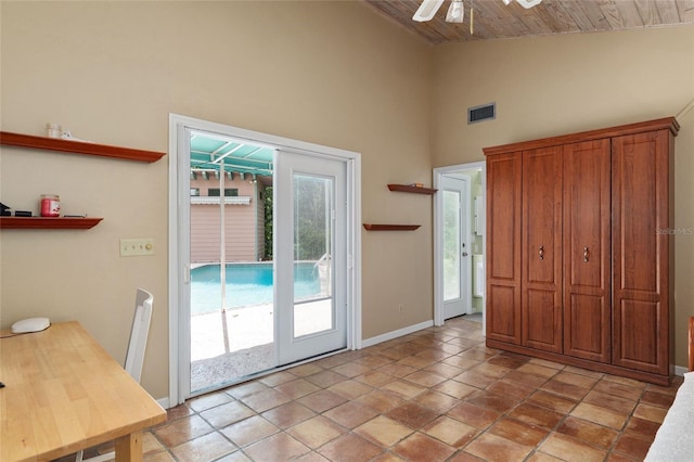 4714 NW 19th Pl, Gainesville, FL 32605 - entryway featuring visible vents, baseboards, high vaulted ceiling, wooden ceiling, and a ceiling fan