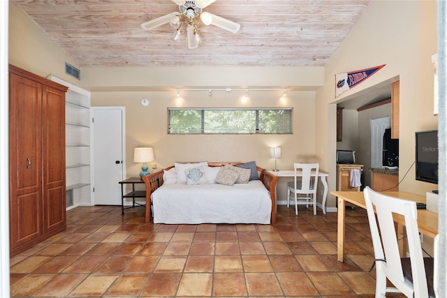 4714 NW 19th Pl, Gainesville, FL 32605 - bedroom with track lighting, baseboards, wood ceiling, and visible vents