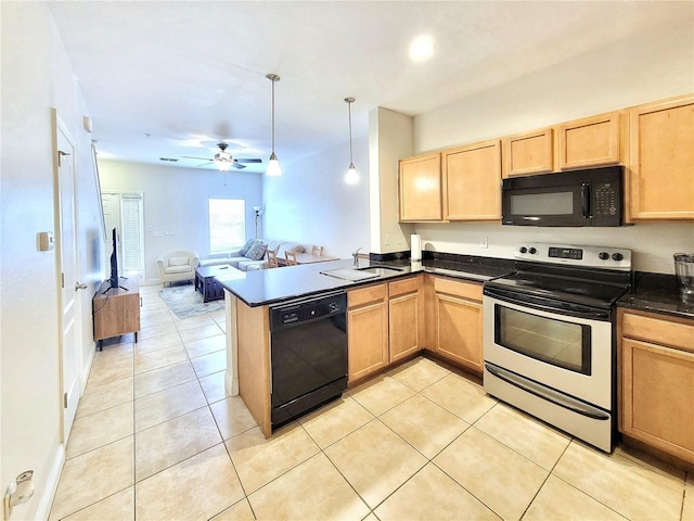 kitchen featuring black appliances, light brown cabinetry, dark countertops, open floor plan, and a sink