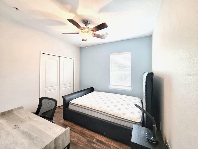 bedroom featuring a closet, dark wood finished floors, and ceiling fan