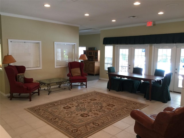 10000 SW 52nd Ave Unit 76, Gainesville, FL 32608 - living room featuring light tile patterned floors, ornamental molding, visible vents, recessed lighting, and french doors