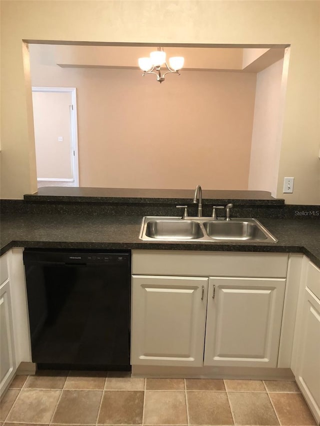 kitchen with a sink, black dishwasher, a chandelier, white cabinets, and dark countertops