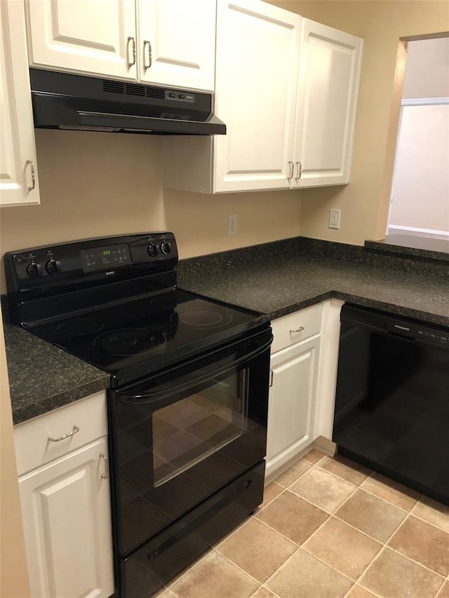 kitchen with white cabinetry, black appliances, dark countertops, and under cabinet range hood