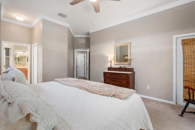 2184 NW 144th St, Newberry, FL 32669 - bedroom featuring light colored carpet, ornamental molding, ensuite bathroom, and visible vents