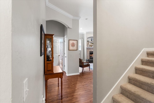 2184 NW 144th St, Newberry, FL 32669 - staircase featuring wood finished floors, a warm lit fireplace, arched walkways, baseboards, and ornamental molding