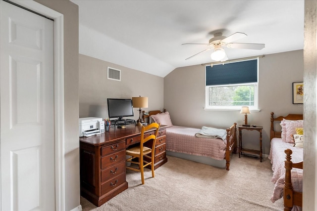 2184 NW 144th St, Newberry, FL 32669 - carpeted bedroom with vaulted ceiling, visible vents, and a ceiling fan