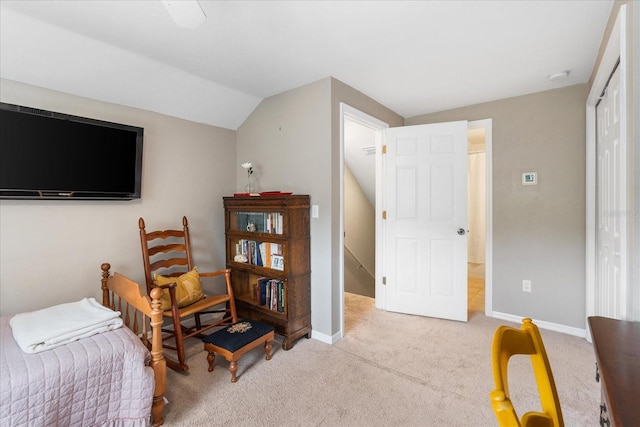 2184 NW 144th St, Newberry, FL 32669 - living area with baseboards, vaulted ceiling, carpet flooring, and an upstairs landing