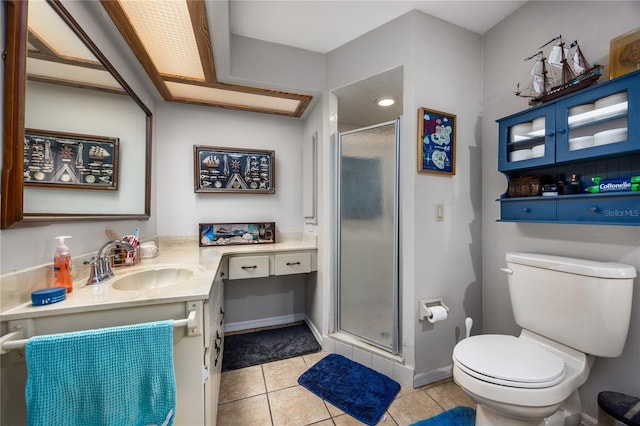 bathroom featuring tile patterned floors, toilet, vanity, and a stall shower