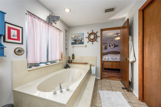full bath featuring a ceiling fan, tile patterned floors, a whirlpool tub, ensuite bath, and visible vents