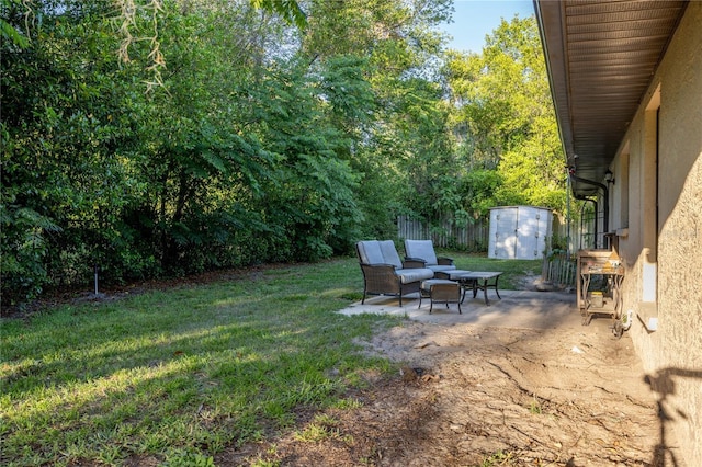 view of yard featuring a storage unit, an outbuilding, and a patio