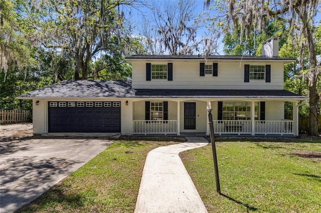 view of front of home featuring an attached garage, covered porch, concrete driveway, brick siding, and a front lawn