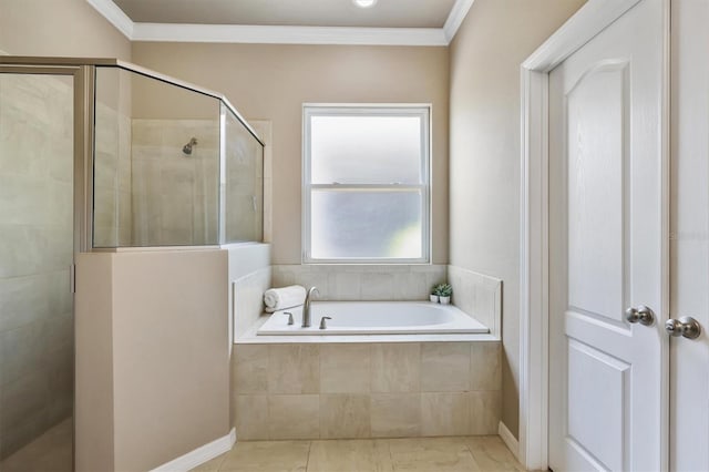 full bath with crown molding, a bath, and a shower stall