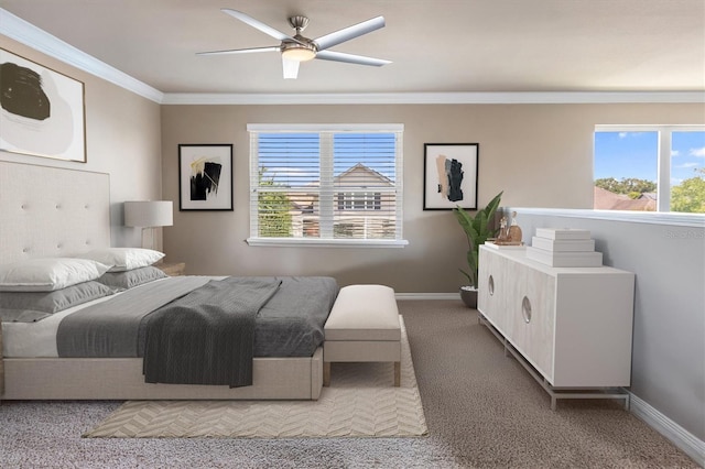 bedroom with carpet flooring, crown molding, and multiple windows