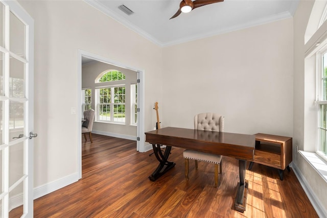 3624 SW 73rd Way, Gainesville, FL 32608 - office with ceiling fan, crown molding, wood finished floors, and baseboards