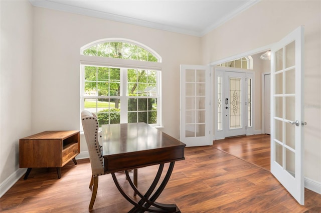 3624 SW 73rd Way, Gainesville, FL 32608 - office space featuring french doors, ornamental molding, wood finished floors, and baseboards