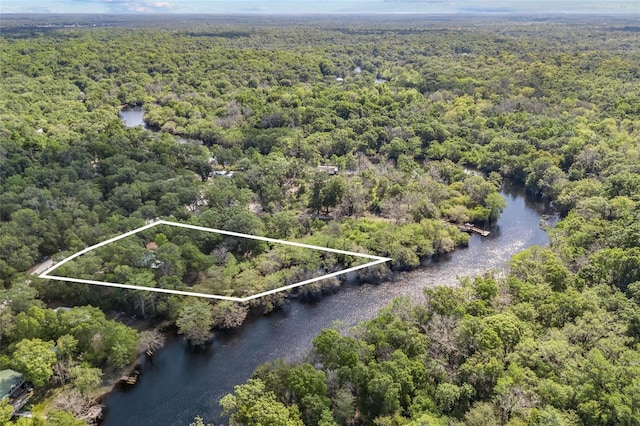 aerial view featuring a wooded view and a water view
