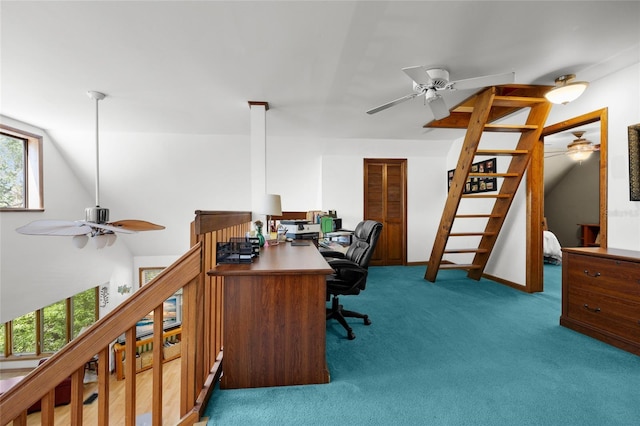 office area with baseboards, a ceiling fan, and carpet flooring