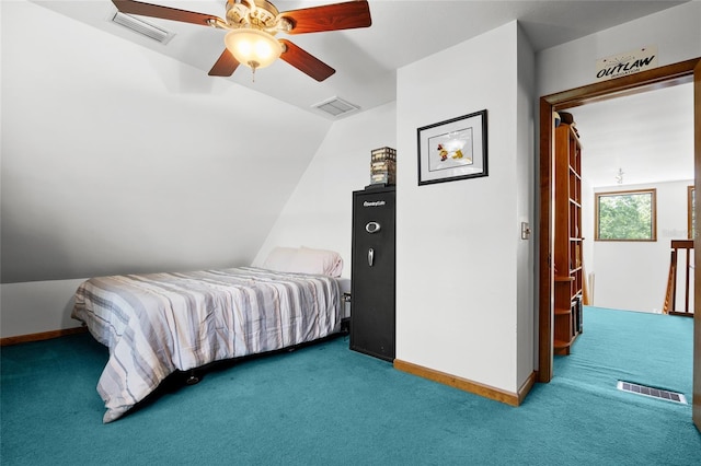 carpeted bedroom featuring baseboards, vaulted ceiling, and visible vents
