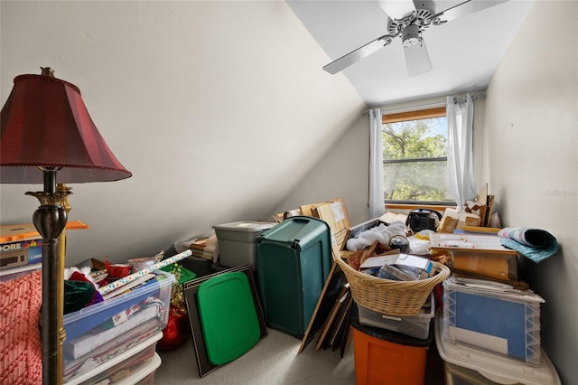 bonus room with vaulted ceiling, a ceiling fan, and carpet
