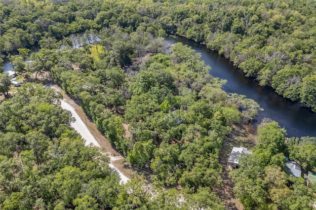 aerial view featuring a view of trees and a water view