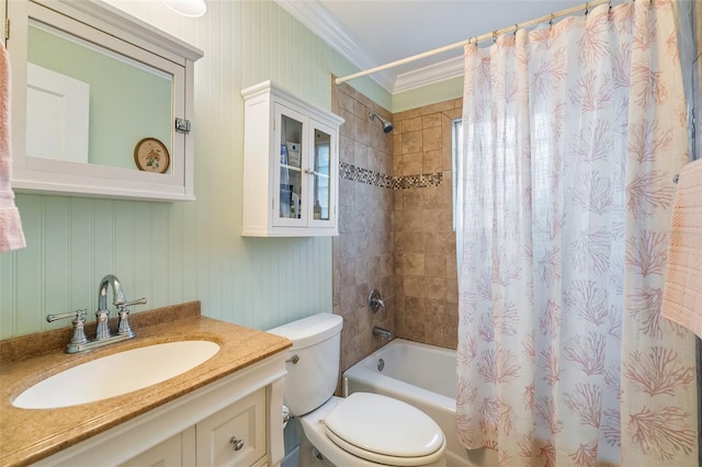full bathroom with crown molding, vanity, toilet, and shower / bath combination with curtain