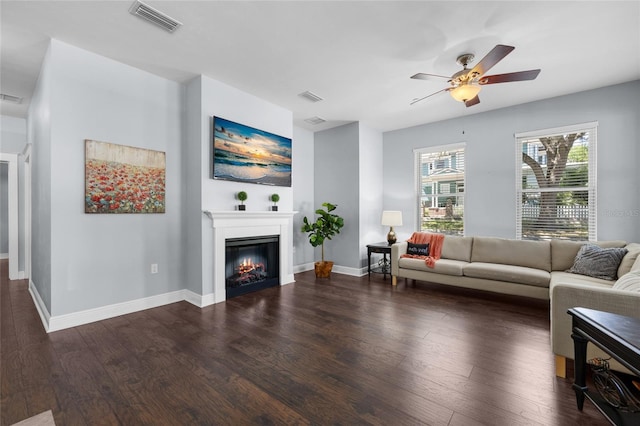 living area featuring wood finished floors, ceiling fan, a glass covered fireplace, and baseboards