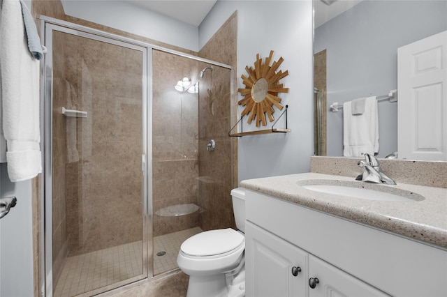 full bathroom with a stall shower, toilet, and vanity