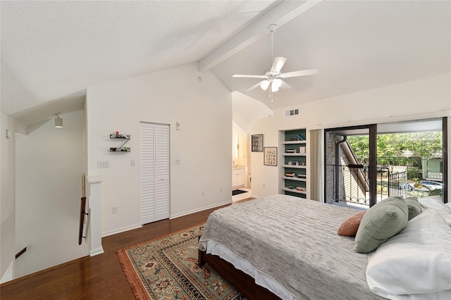 706 NE 1st St Unit 706, Gainesville, FL 32601 - bedroom with beamed ceiling, visible vents, ensuite bathroom, access to exterior, and wood finished floors