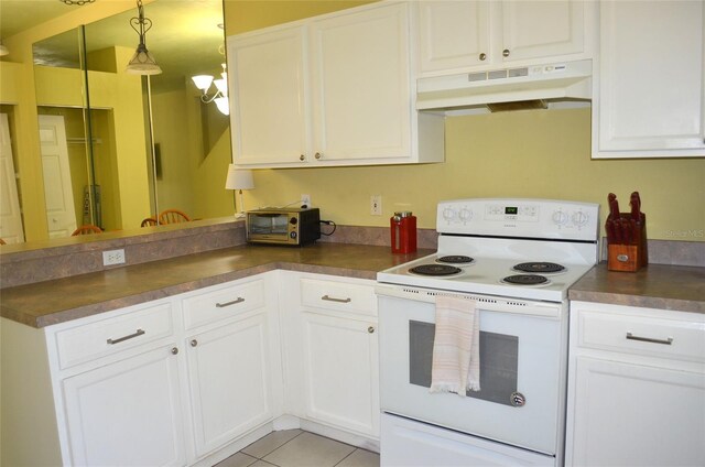3870 SW 20th Ave Unit 1607, Gainesville, FL 32607 - kitchen featuring dark countertops, white cabinetry, a peninsula, under cabinet range hood, and white electric stove
