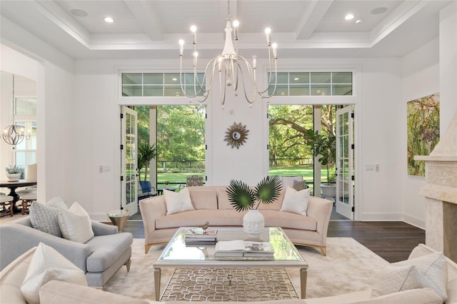 14819 NW 21st Ave, Newberry, FL 32669 - living area with wood finished floors, a chandelier, beamed ceiling, baseboards, and recessed lighting
