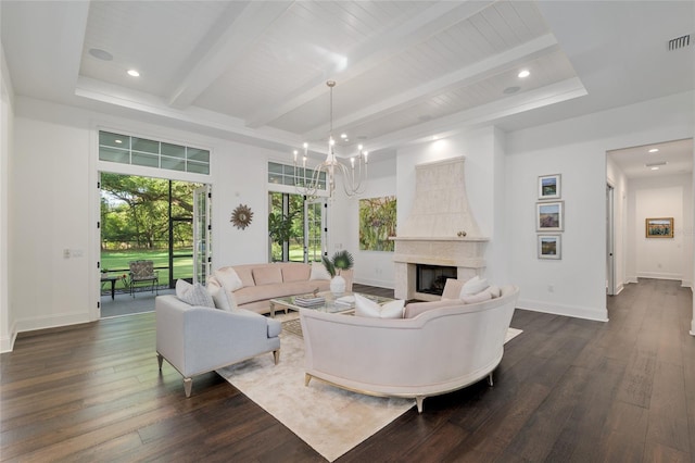 14819 NW 21st Ave, Newberry, FL 32669 - living room with beamed ceiling, baseboards, a large fireplace, and dark wood-type flooring