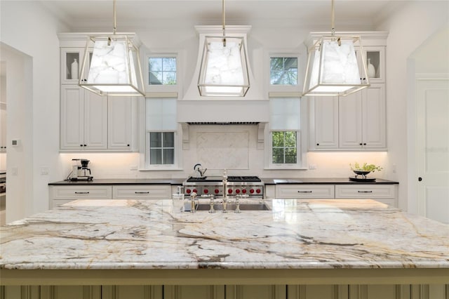 14819 NW 21st Ave, Newberry, FL 32669 - kitchen featuring white cabinets, glass insert cabinets, and dark stone counters