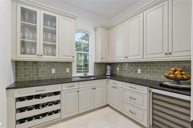 14819 NW 21st Ave, Newberry, FL 32669 - bar with backsplash, beverage cooler, light tile patterned floors, and a sink