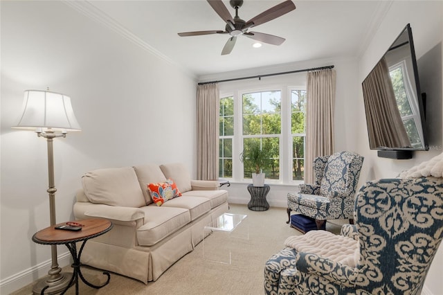 14819 NW 21st Ave, Newberry, FL 32669 - living room with a ceiling fan, a wealth of natural light, crown molding, and carpet flooring