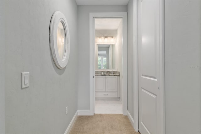 14819 NW 21st Ave, Newberry, FL 32669 - corridor featuring baseboards, light colored carpet, and a sink