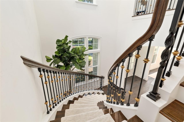 14819 NW 21st Ave, Newberry, FL 32669 - staircase featuring wood finished floors, a towering ceiling, and baseboards