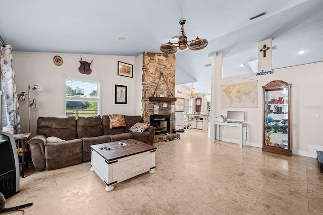 living area with a chandelier, visible vents, baseboards, vaulted ceiling, and a fireplace
