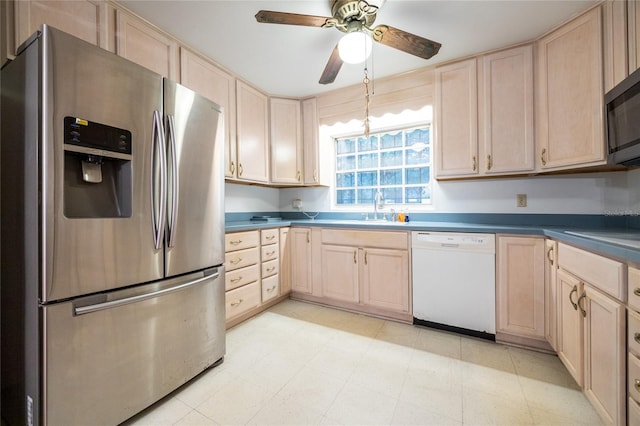 3436 SW 20th St, Gainesville, FL 32608 - kitchen featuring a ceiling fan, a sink, appliances with stainless steel finishes, and light brown cabinets