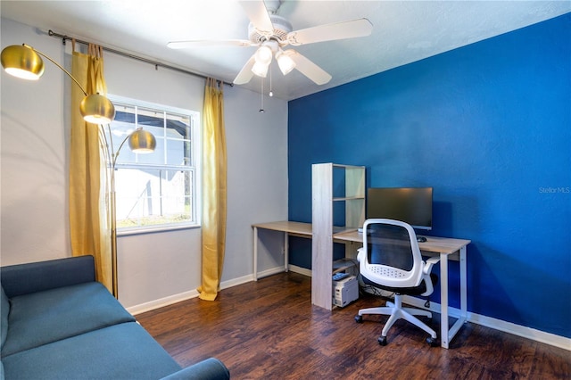 2423 NW 67th Ter, Gainesville, FL 32606 - office area with wood finished floors, a ceiling fan, and baseboards