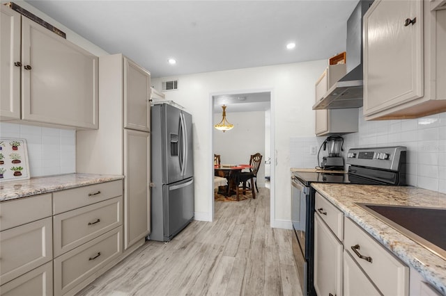 507 NW 39th Rd Unit 317, Gainesville, FL 32607 - kitchen with appliances with stainless steel finishes, light wood-style floors, decorative backsplash, recessed lighting, and wall chimney exhaust hood